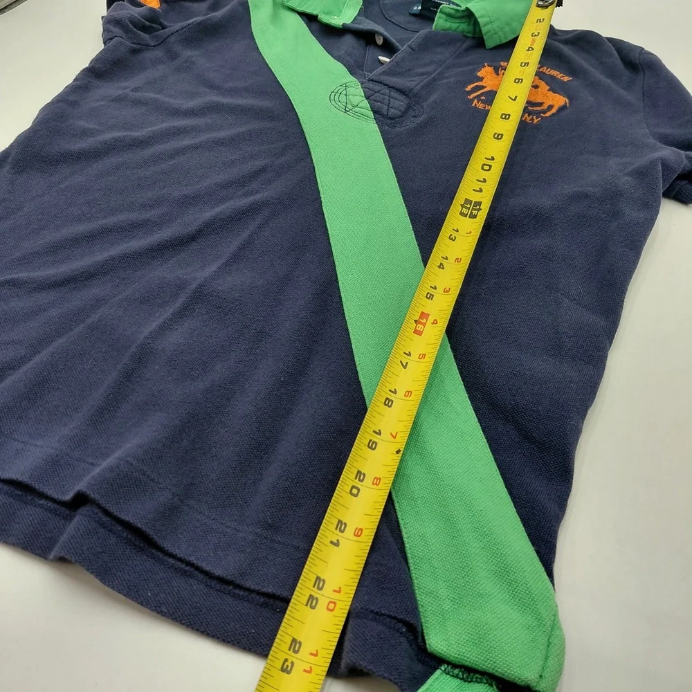 Ralph Lauren Kids L Blue Skinny Polo Shirt Green Sash Big Pony Orange Logo Y2K